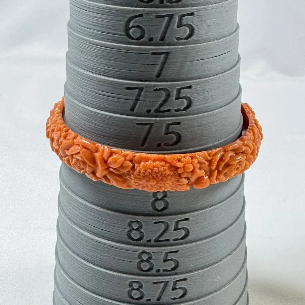 Vintage Celluloid Carved Floral Coral Orange Bangle Bracelet '20s-40s 7.75
